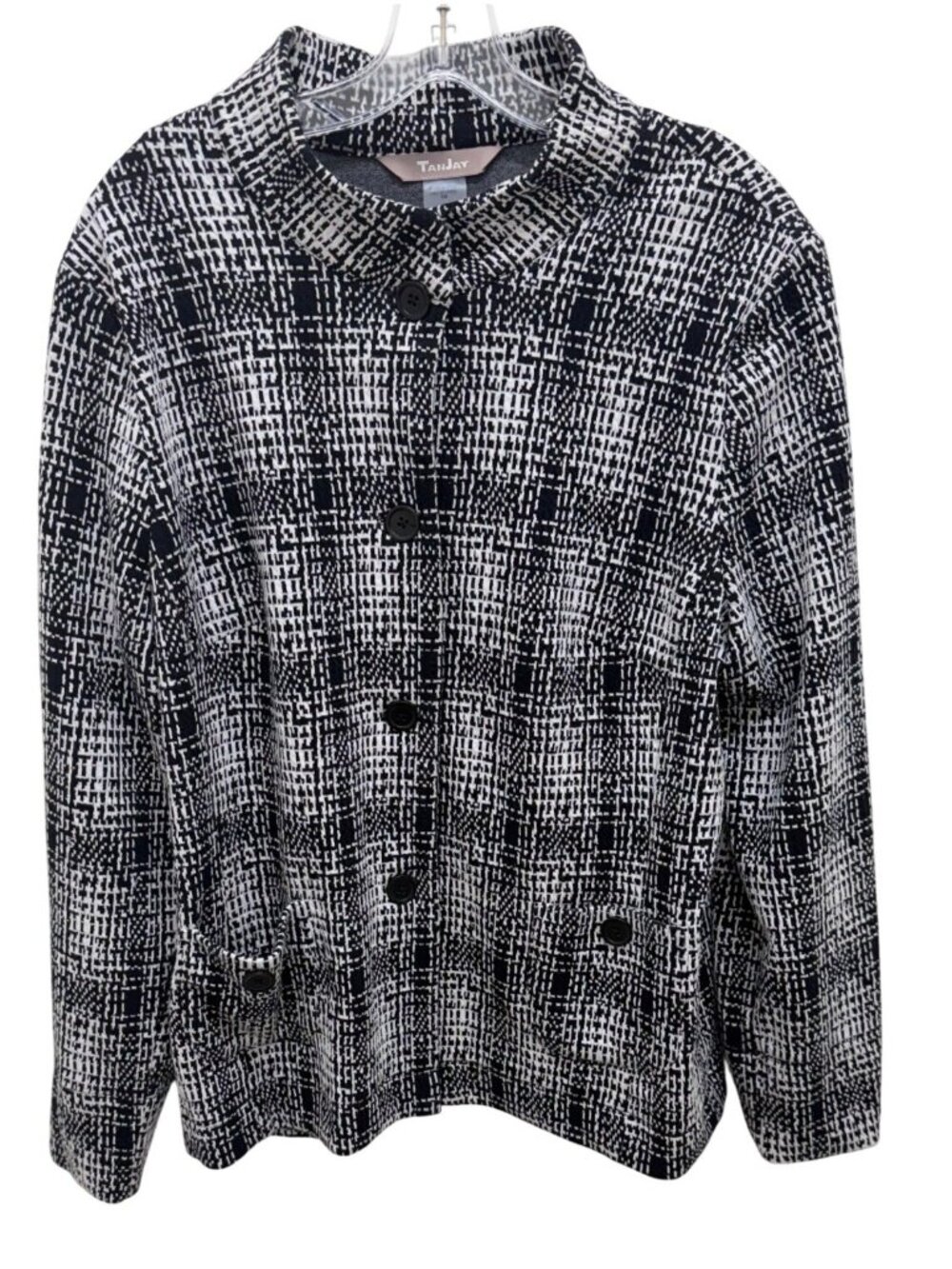 TanJay Black White Check Button Front Cotton Tweet Jacket 2 front pockets Sz16